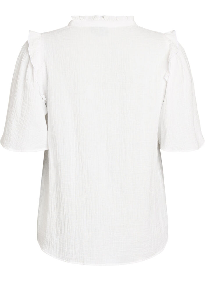 Bluse i bomullsmusselin med broderie anglaise og 1/2 ermer, Hvit, Packshot image number 1