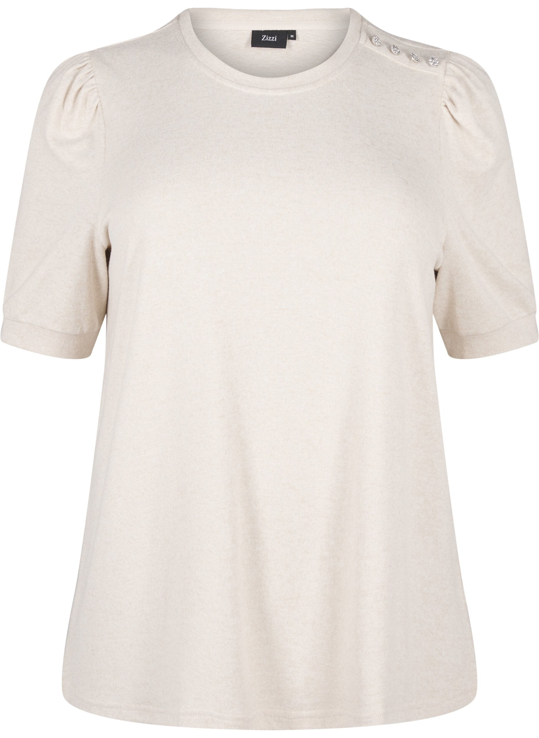 Zizzi Bluse med knappedetaljer og korte puffermer, Beige, Packshot image number 0