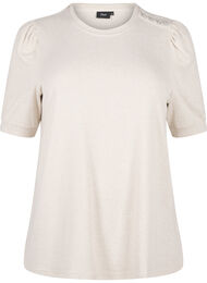 Bluse med knappedetaljer og korte puffermer, Oatmeal White Mel.