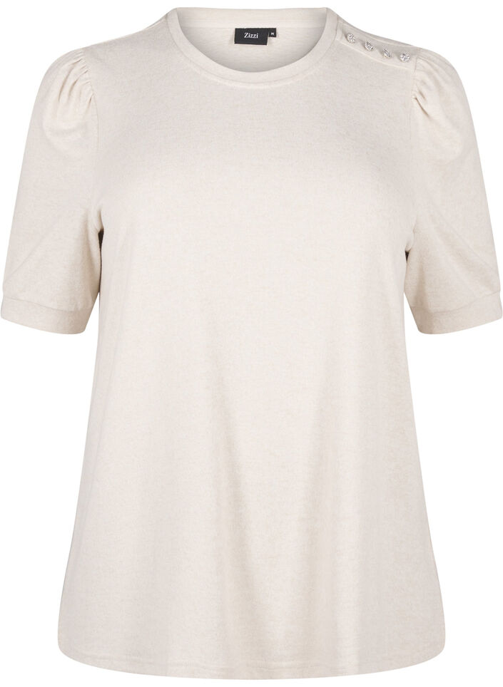 Bluse med knappedetaljer og korte puffermer, Beige, Packshot image number 0