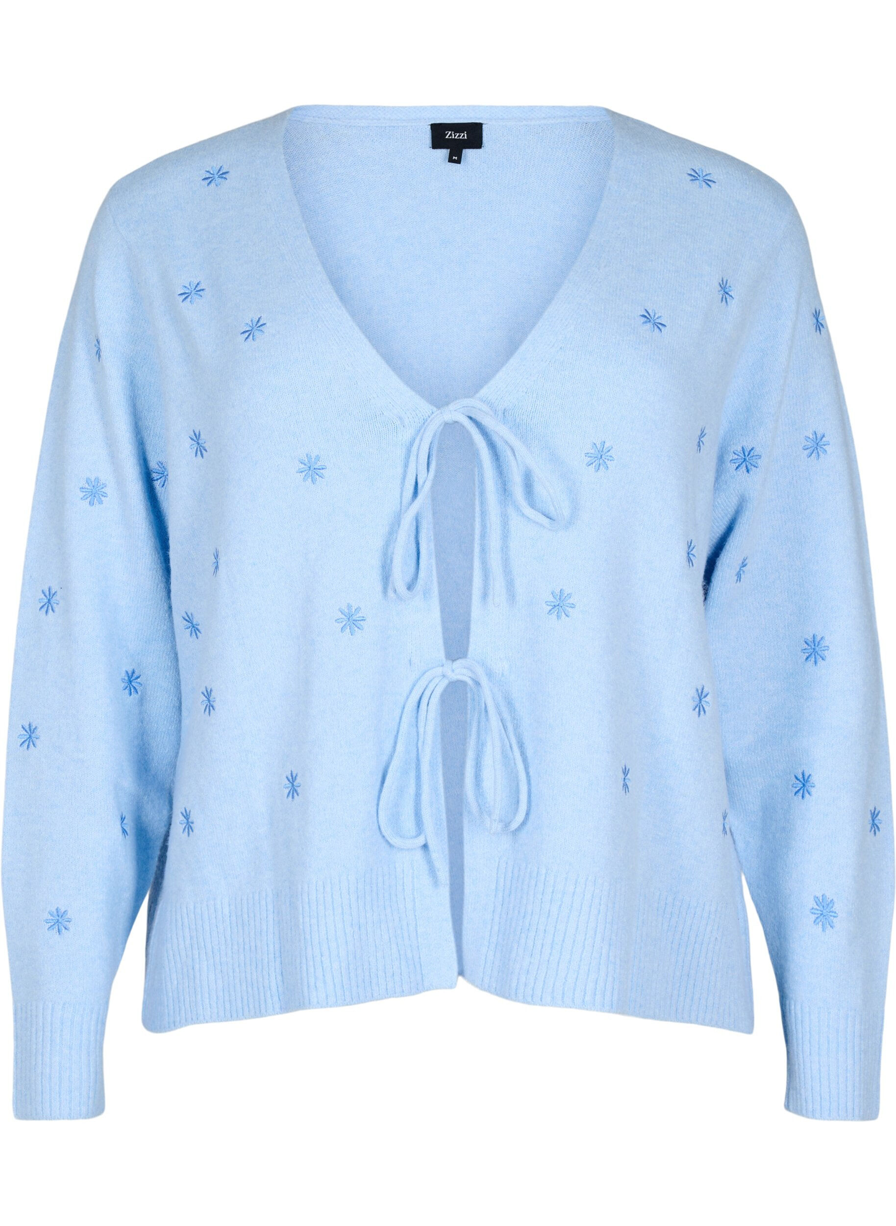 Zizzi Strikket cardigan med knytedetaljer og broderi, Cashmere Blue Comb, Packshot image number 0