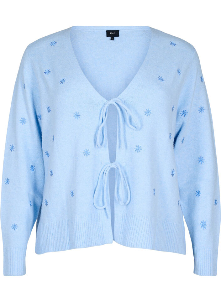 Strikket cardigan med knytedetaljer og broderi, Cashmere Blue Comb, Packshot image number 0
