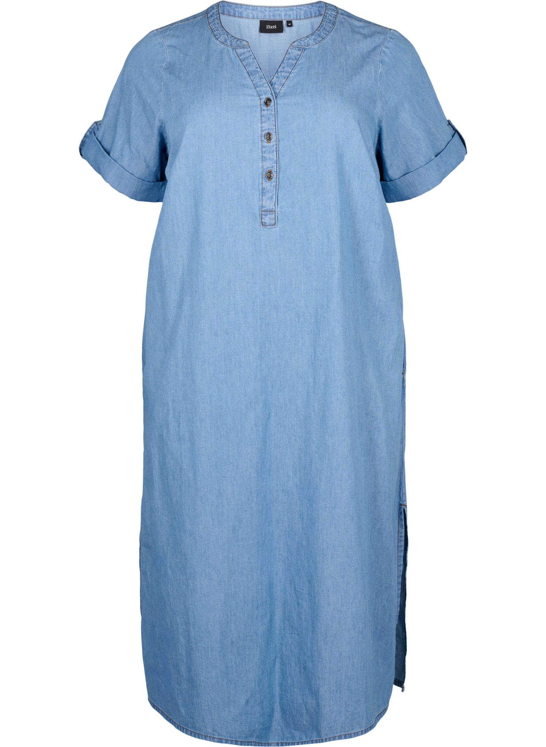 Zizzi Denimkjole med splitt og korte ermer, Blue denim, Packshot image number 0