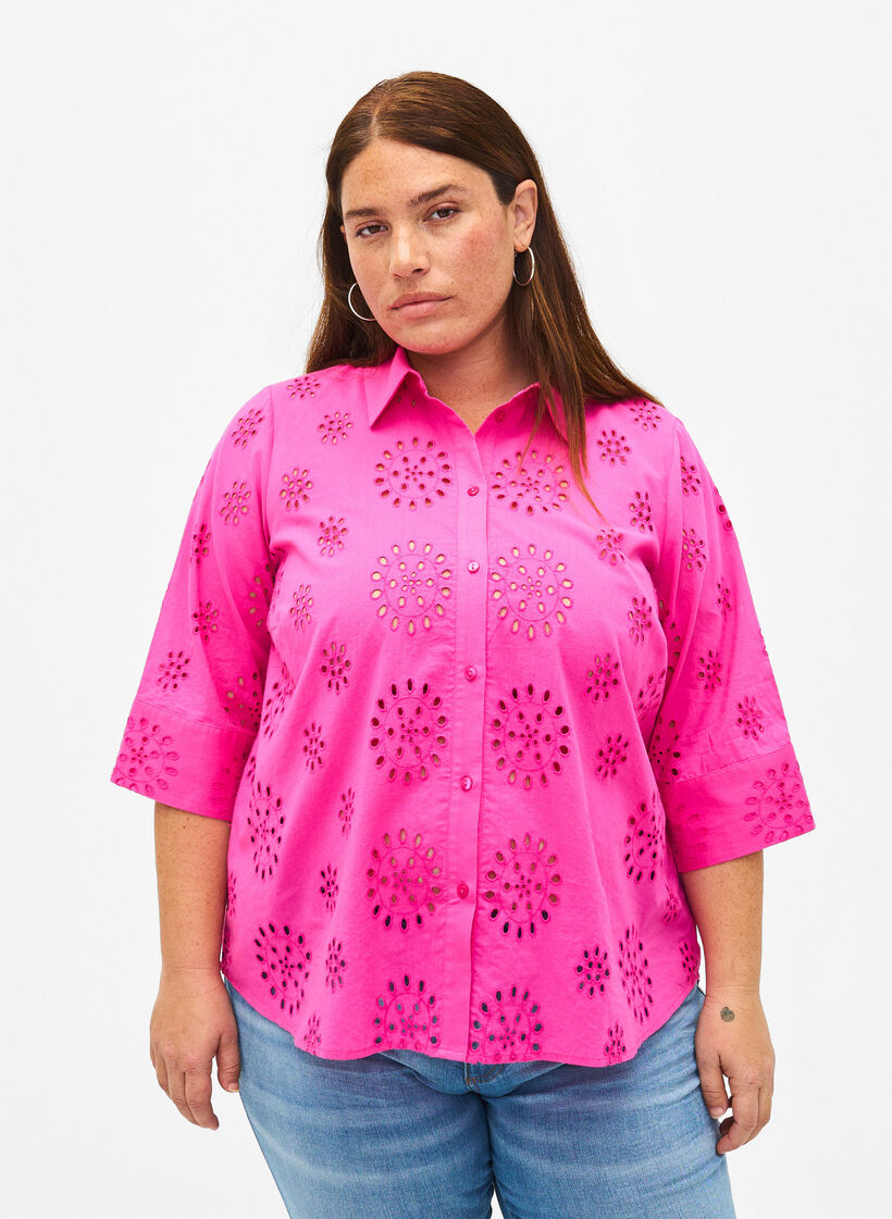 Skjortebluse med engelsk broderi og 3/4-ermer, Raspberry Rose, Model image number 0