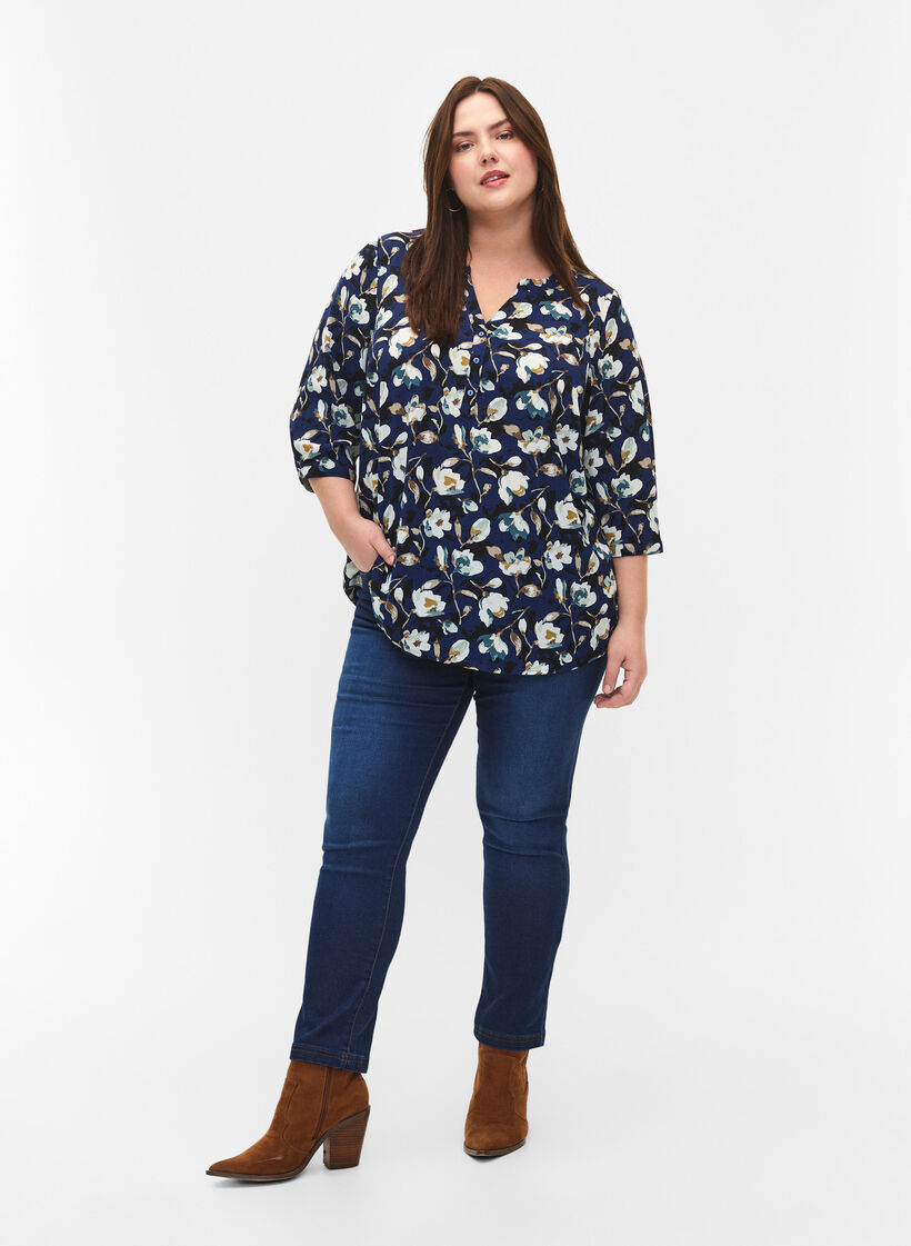 Blomstret bluse med 3/4-ermer, P. Blue Flower AOP, Model image number 2