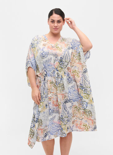 Mønstrete kjole i viskose med knyting, White Paisley AOP, Model image number 0