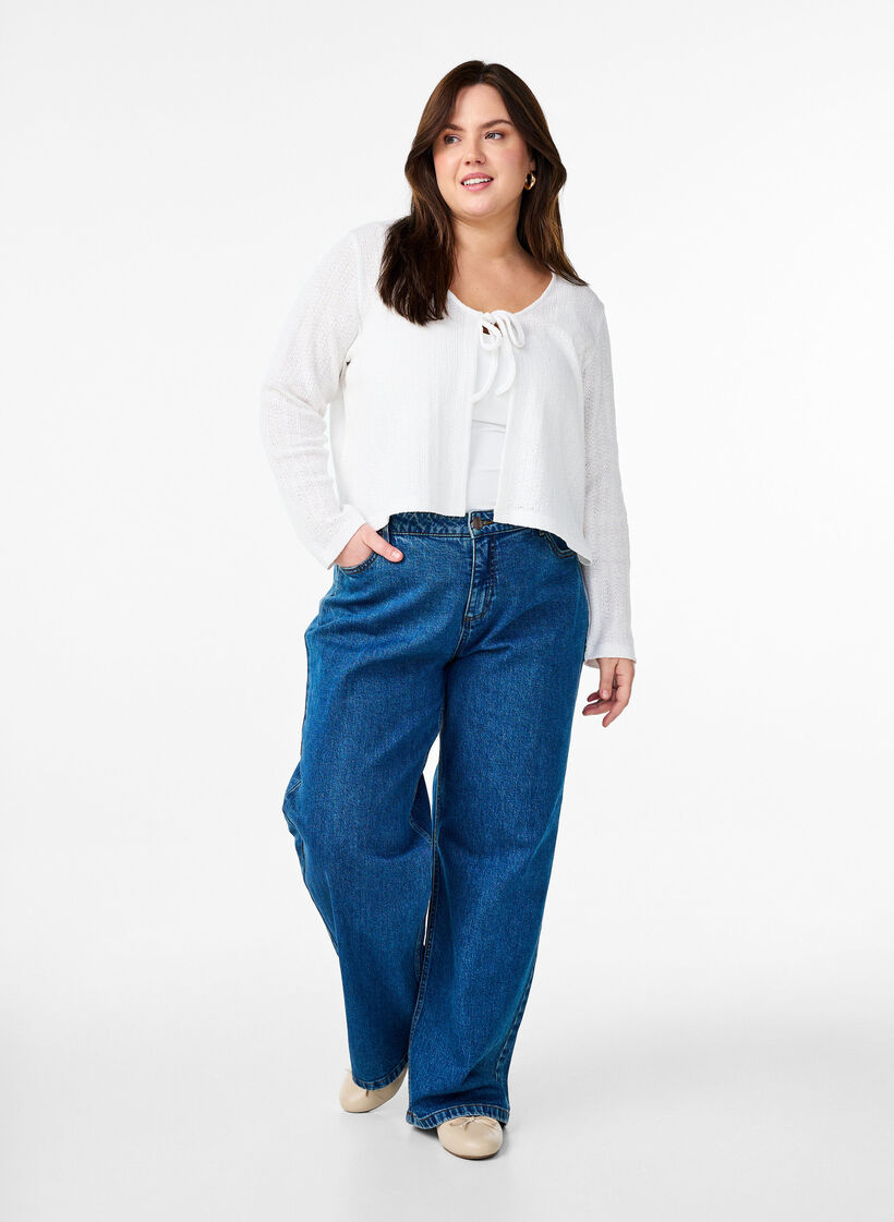 Jersey cardigan med tekstur og knyting foran, Hvit, Model image number 1