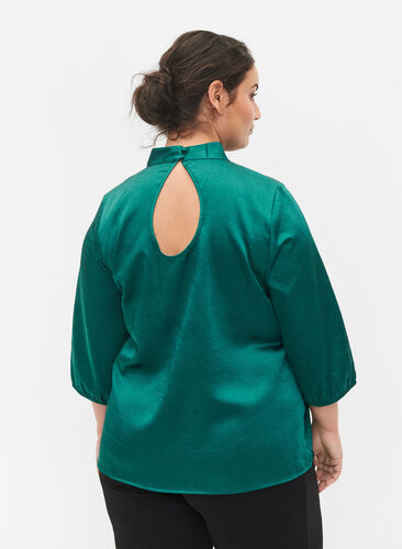 Bluse med 3/4-ermer og kinakrage, Evergreen, Model image number 1
