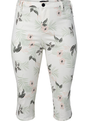 Caprijeans med blomstermønster og høyt liv, White Flower AOP, Packshot image number 0