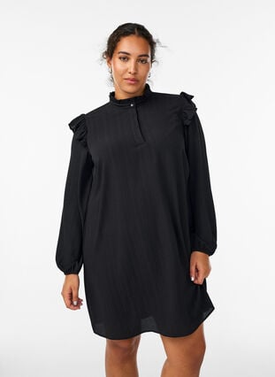 Zizzi Kort kjole med volanger og glitter, Svart, Model image number 0