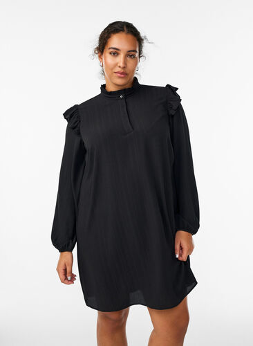 Zizzi Kort kjole med volanger og glitter, Svart, Model image number 0