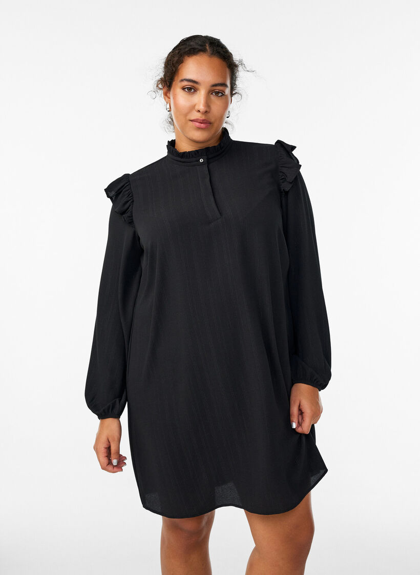 Kort kjole med volanger og glitter, Svart, Model image number 0