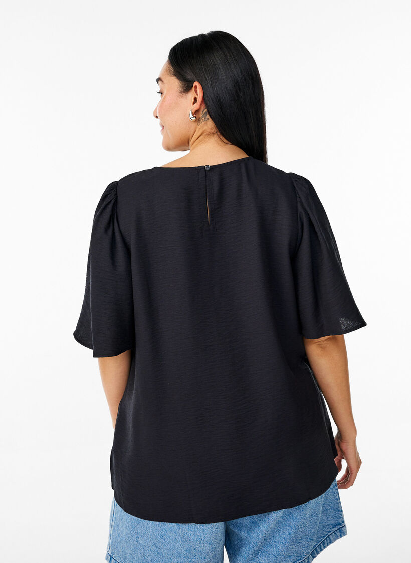 Bluse med korte, vide ermer, Svart, Model image number 2