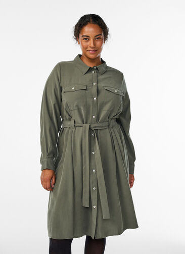Zizzi Skjortekjole med knytebelte og lange ermer, Grønn, Model image number 0