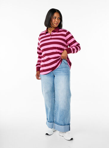 Zizzi Langermet poloskjorte med striper, Mørk Bordeaux, Model image number 1