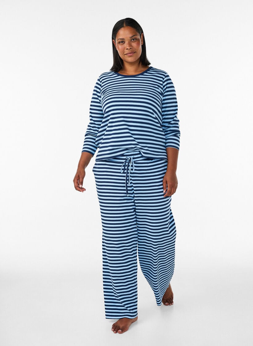 Langermet nattopp i ribbestrikket jersey med striper, Bl&aring;, Model image number 1