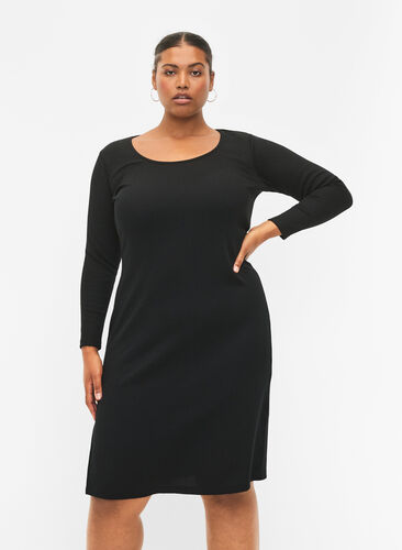Kroppsnær kjole med splitt og lange ermer, Black, Model image number 0