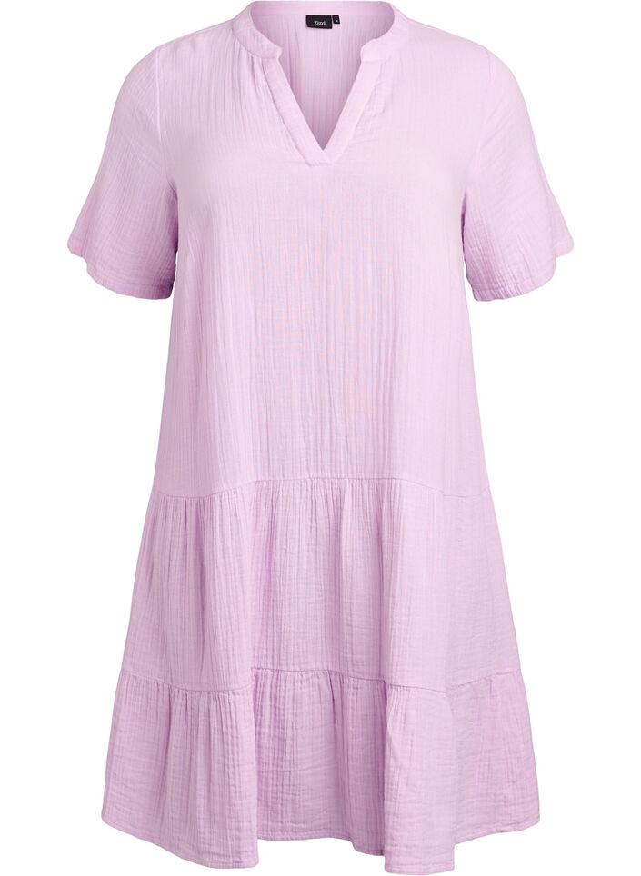 Kort A-linjekjole i bomullsmuslin, Lilla, Packshot image number 0