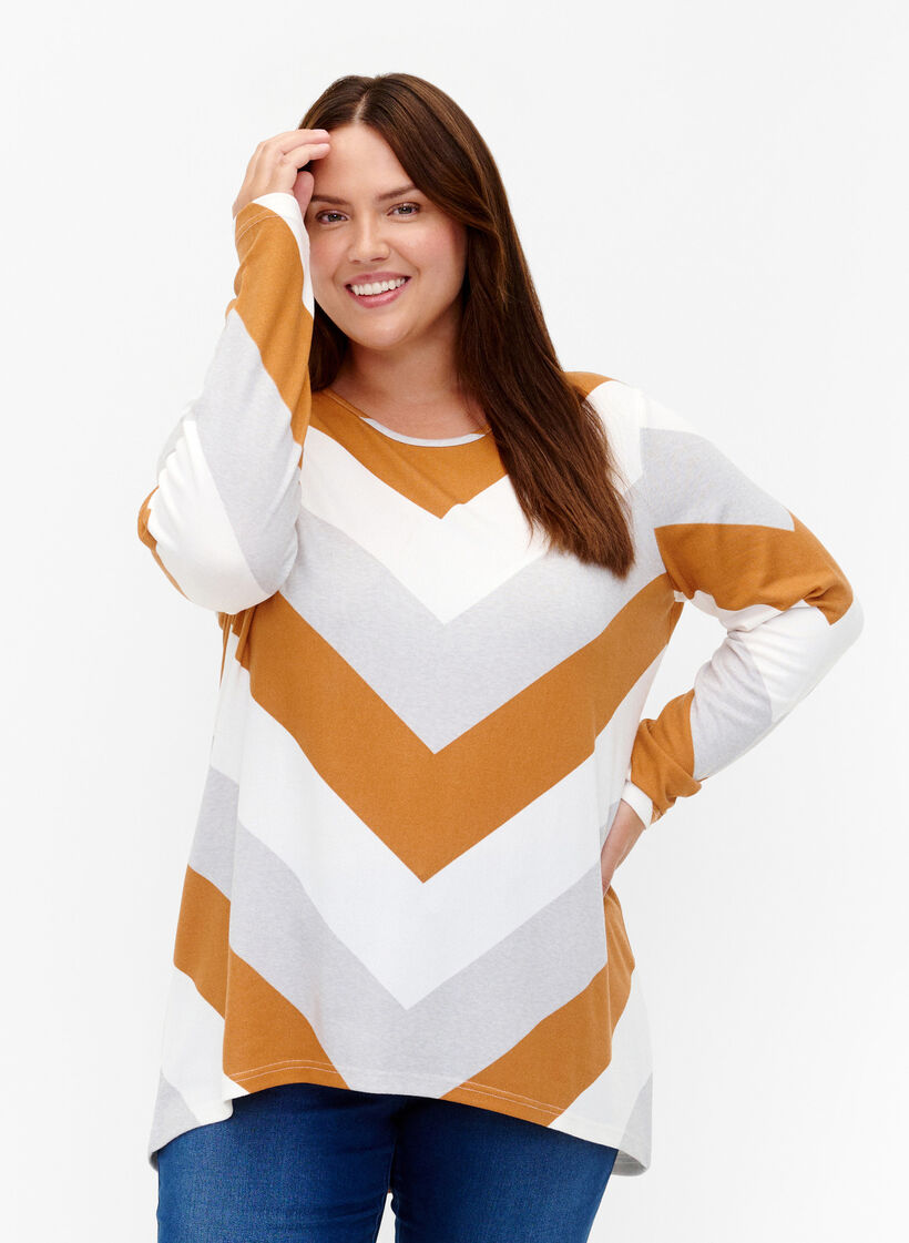 Mønstret bluse med lange ermer, Beige Zig Zag, Model image number 0