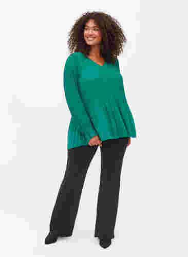 Bluse i plissé med V-hals, Evergreen, Model image number 1