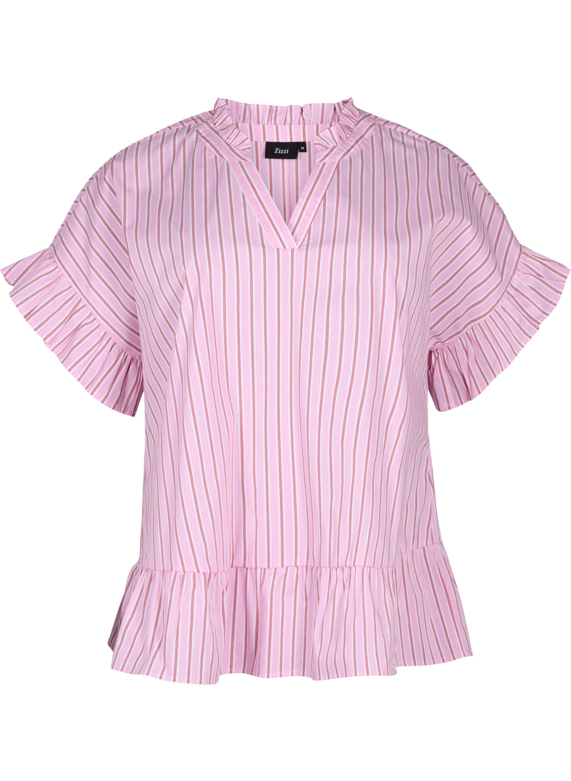 Zizzi Stripete bluse med peplum og volangdetaljer, Pink Red Stripe, Packshot image number 0