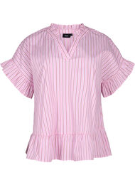 Stripete bluse med peplum og volangdetaljer, Pink Red Stripe