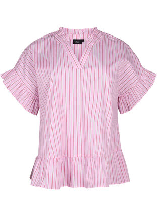 Stripete bluse med peplum og volangdetaljer, Pink Red Stripe, Packshot image number 0
