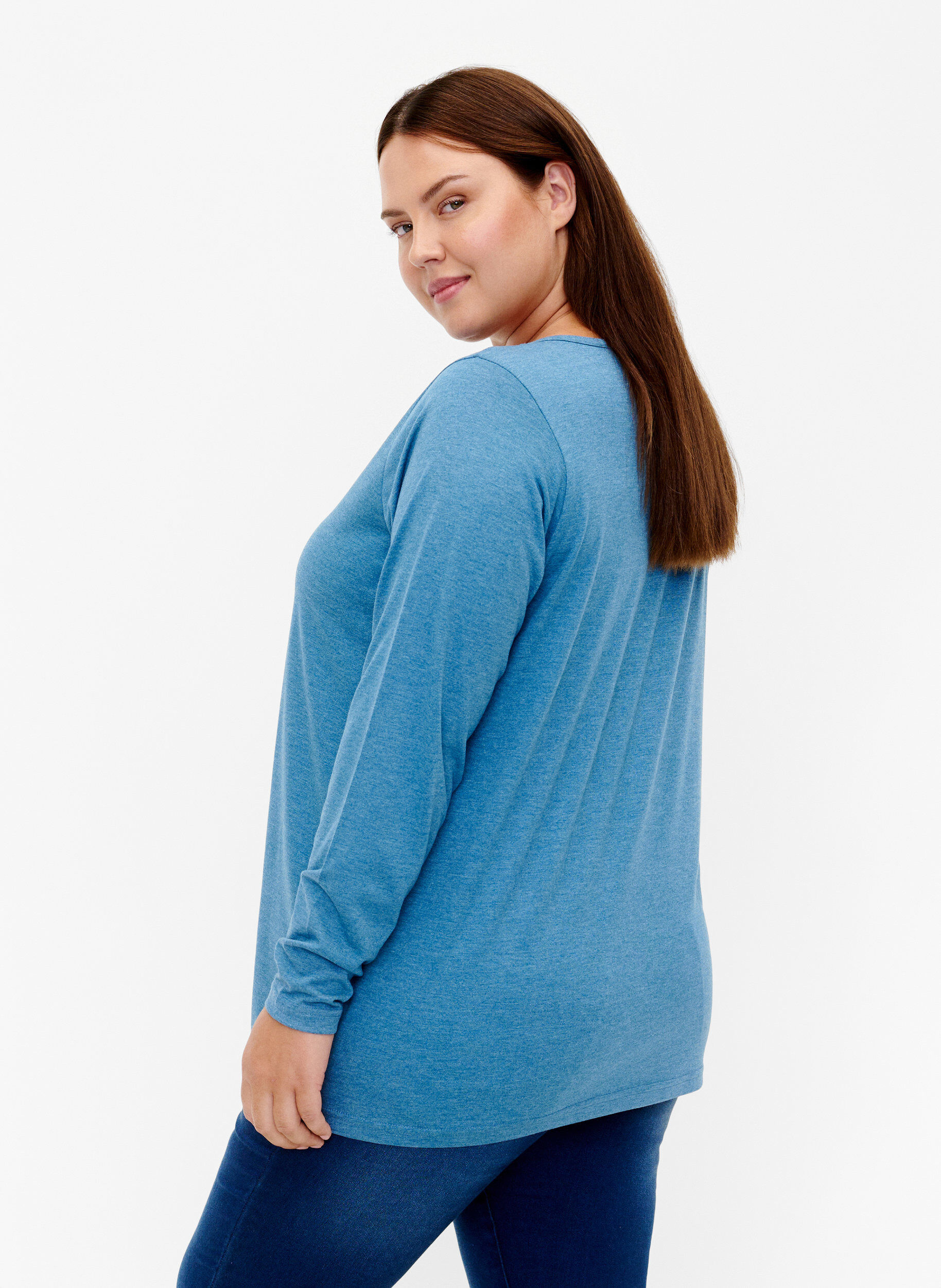 Zizzi Melange bluse med lange ermer, Legion Blue Mel., Model image number 1