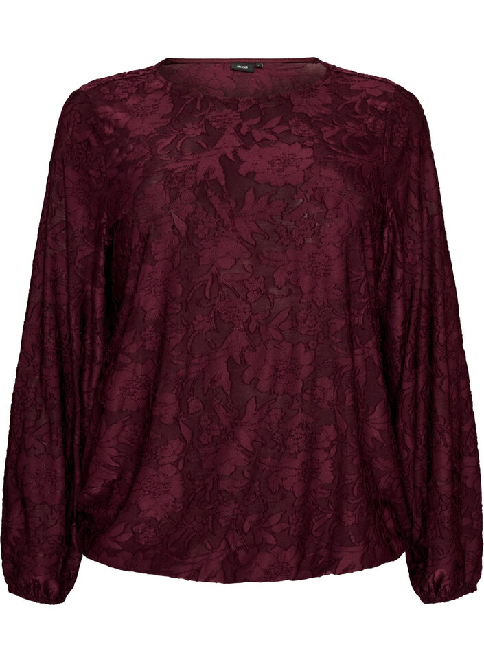 Gjennomsiktig bluse med blomstertekstur og lange ermer, R&oslash;d, Packshot image number 0