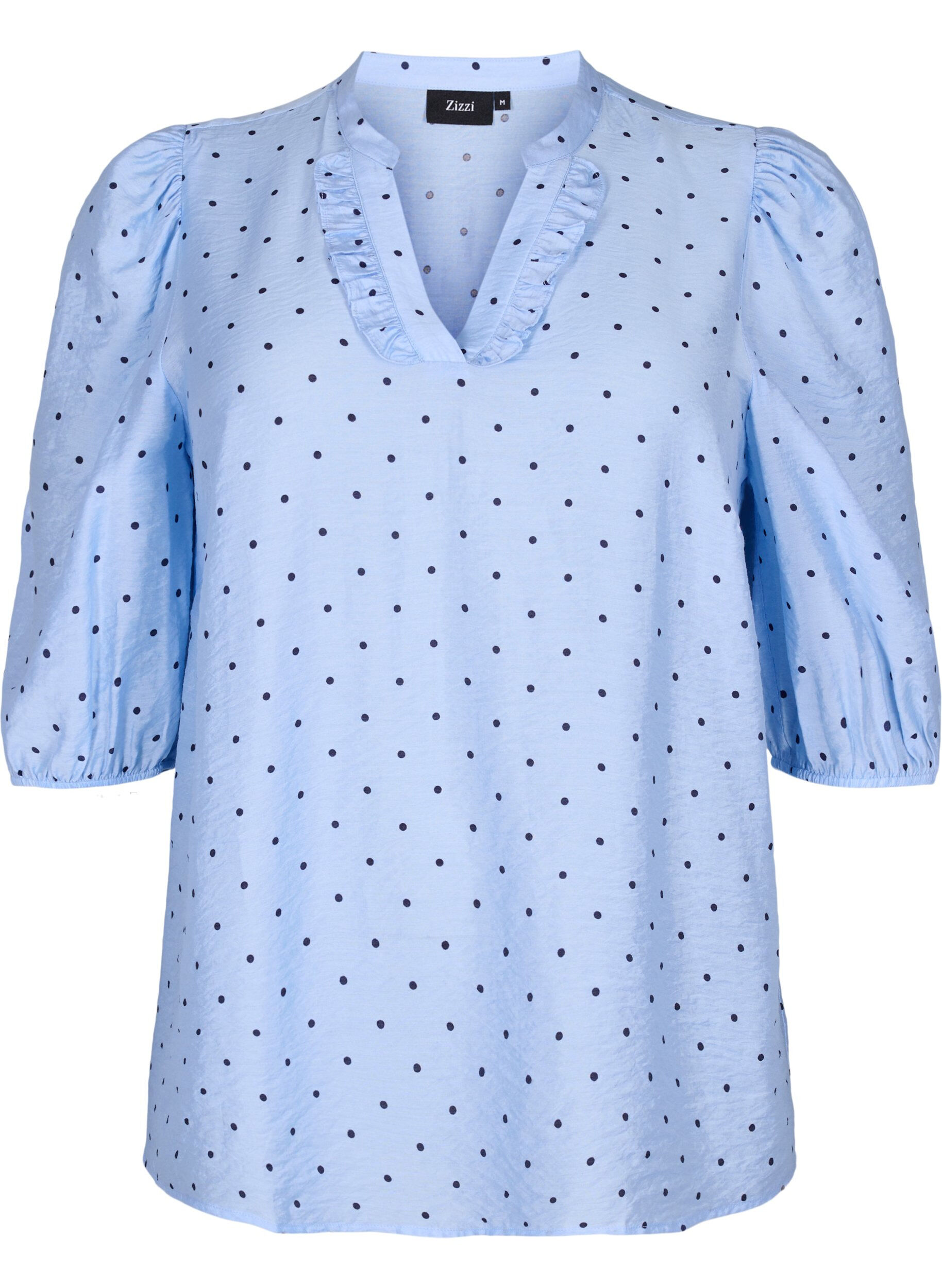 Zizzi Prikkete bluse med 3/4 ermer i viskosemateriale, Light Blue Dot, Packshot image number 0