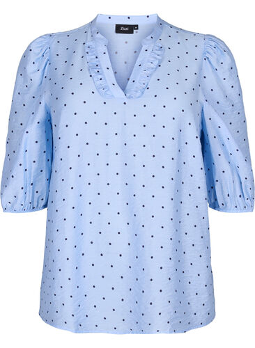 Prikkete bluse med 3/4 ermer i viskosemateriale, Light Blue Dot, Packshot image number 0
