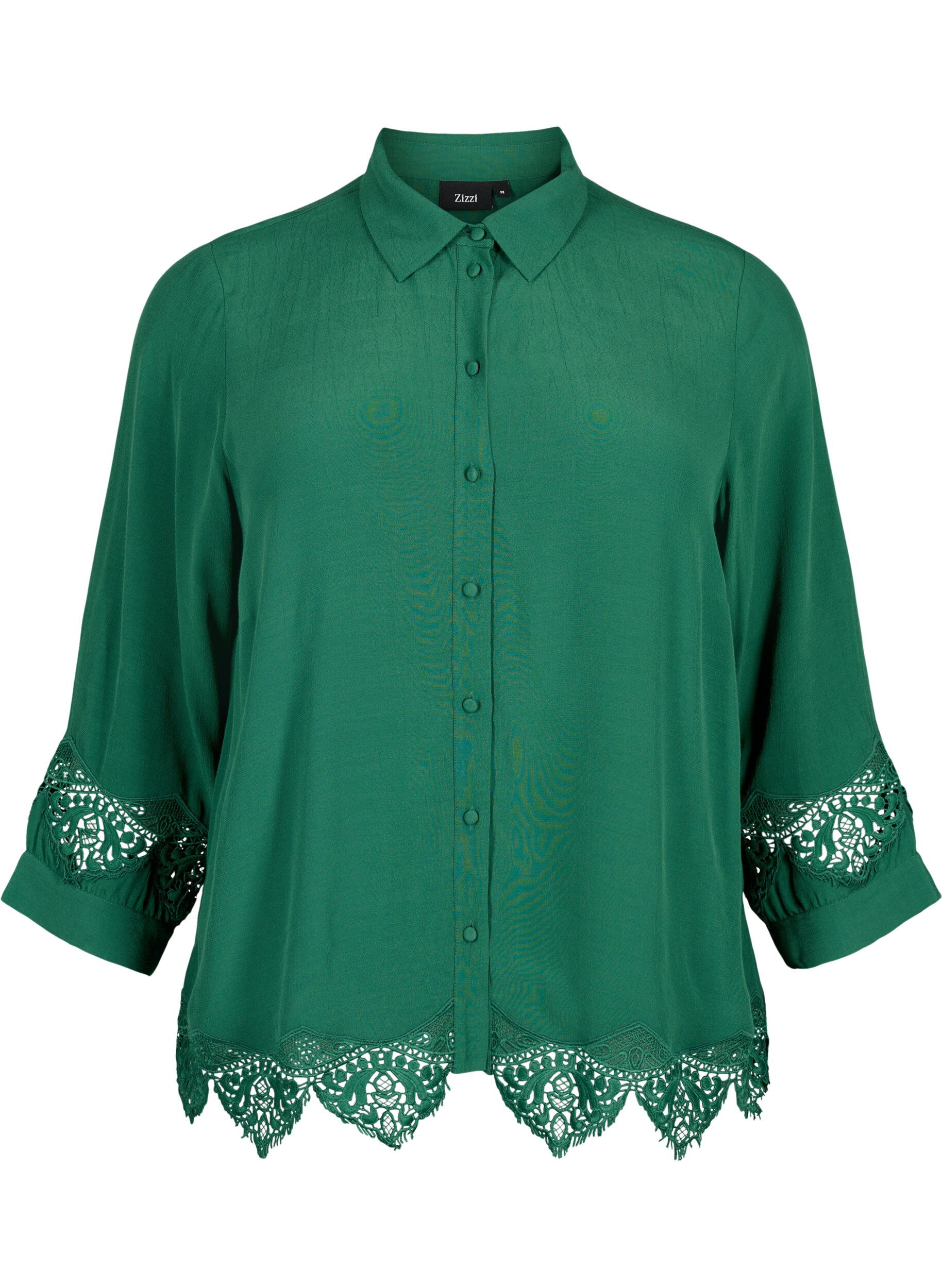 Zizzi Viskose skjorte med 3/4 ermer og broderidetaljer, Hunter Green, Packshot image number 0