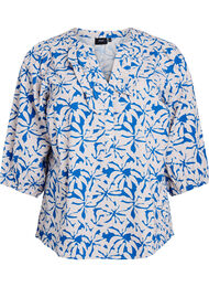 Bluse med 3/4 ermer i bomull med striper, Blue Off White AOP