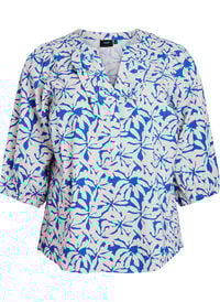 3/4 ermet bomullsbluse med blomster, Blå 3/4 ermet bomullsbluse med blomster