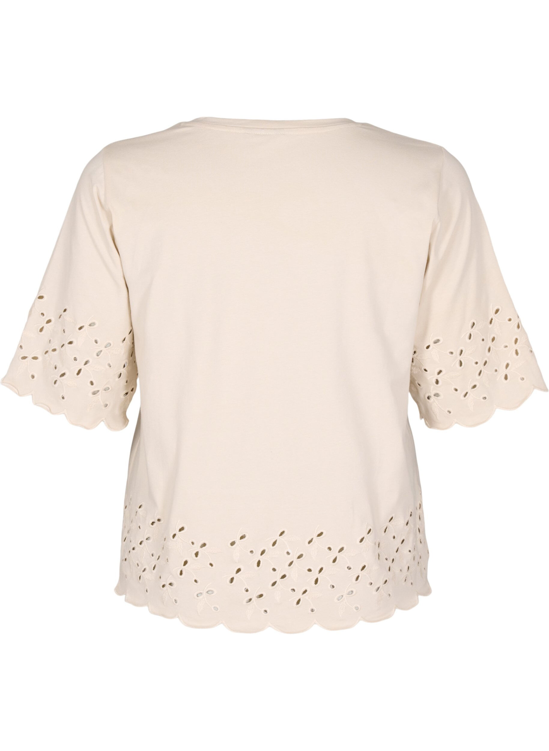 Zizzi T-skjorte med broderie anglaise og b&oslash;lgekant, Beige, Packshot image number 1