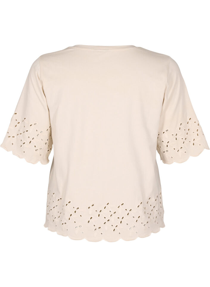 T-skjorte med broderie anglaise og bølgekant, Beige, Packshot image number 1
