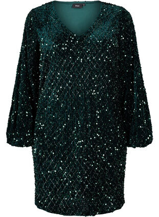 Zizzi Paillettkjole med V-hals og rutemønster, Rain Forest Sequins, Packshot image number 0