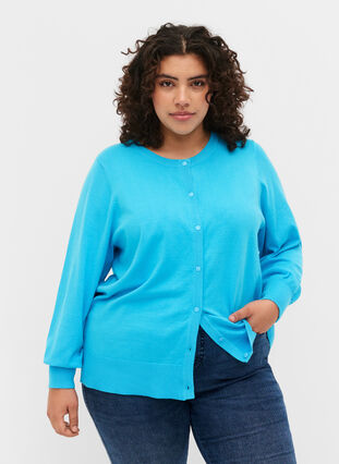 Ribbet cardigan med knappelukking, River Blue, Model image number 0