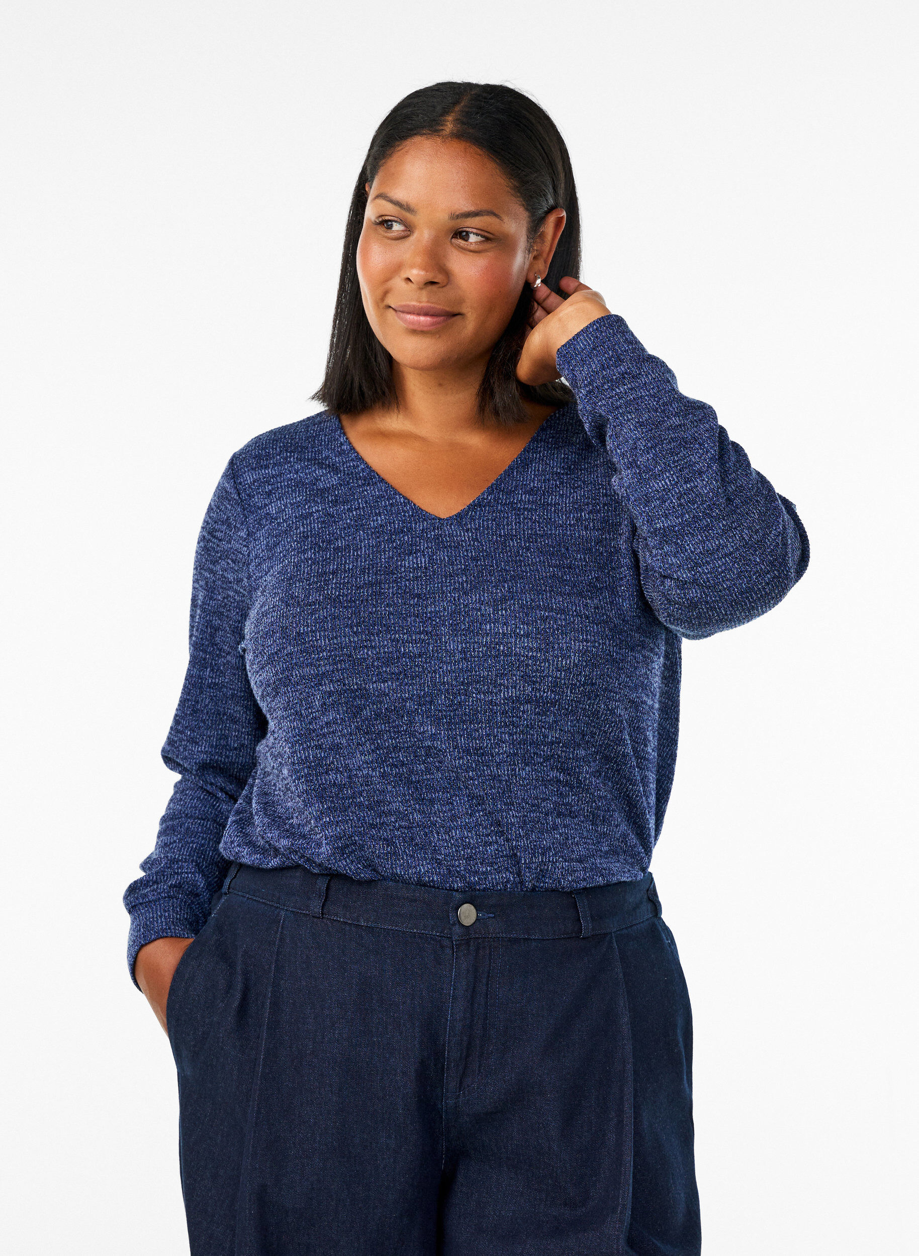 Jerseybluse med V-hals og lange ermer, Bl&aring;, Model