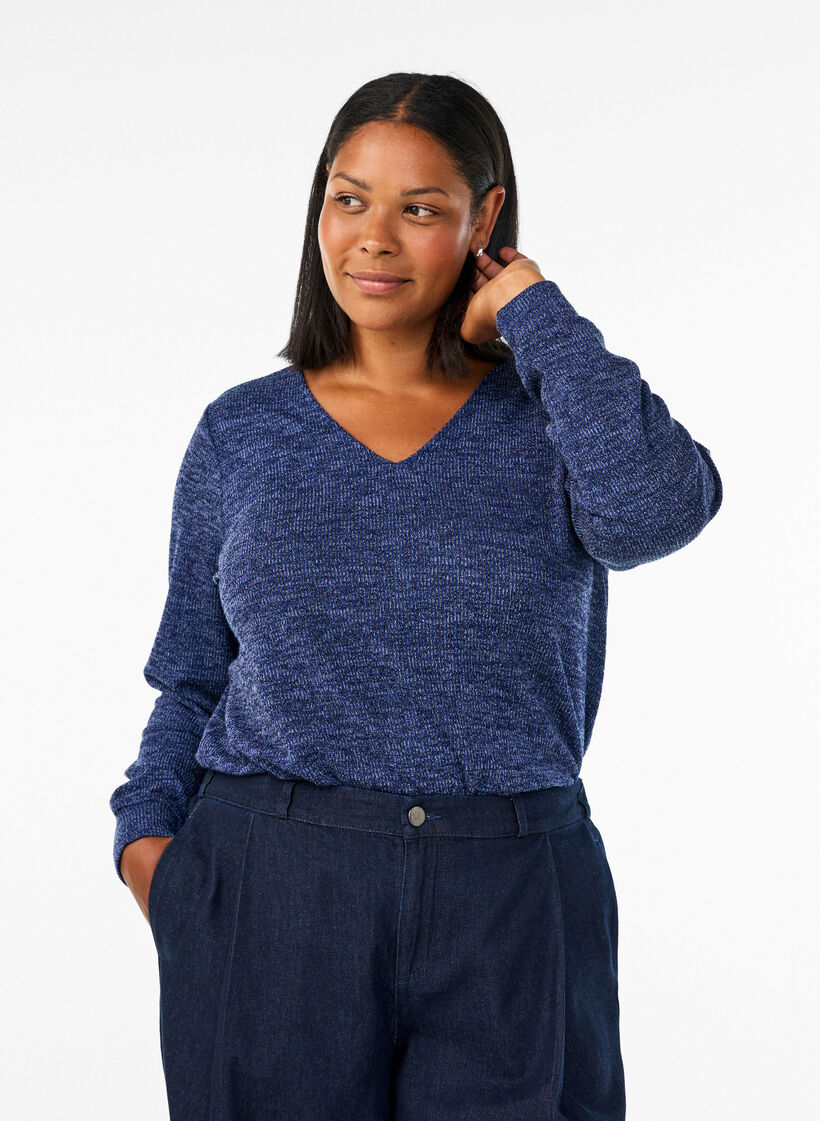 Jerseybluse med V-hals og lange ermer, Bl&aring;, Model image number 0
