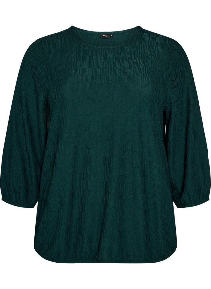 Bluse med tekstur og 3/4 ermer, Gr&oslash;nn, Packshot image number 0