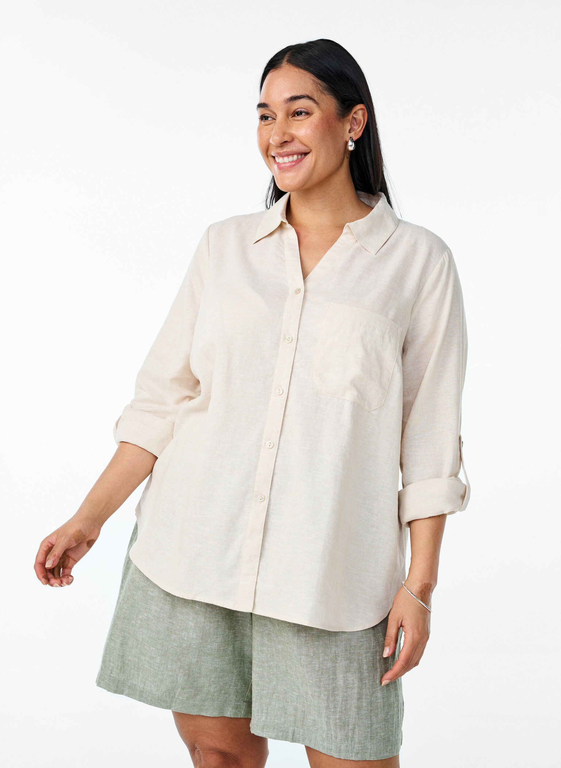 ZizziSkjorte i lin og viskose med 3/4 ermer, Beige, Model image number 0
