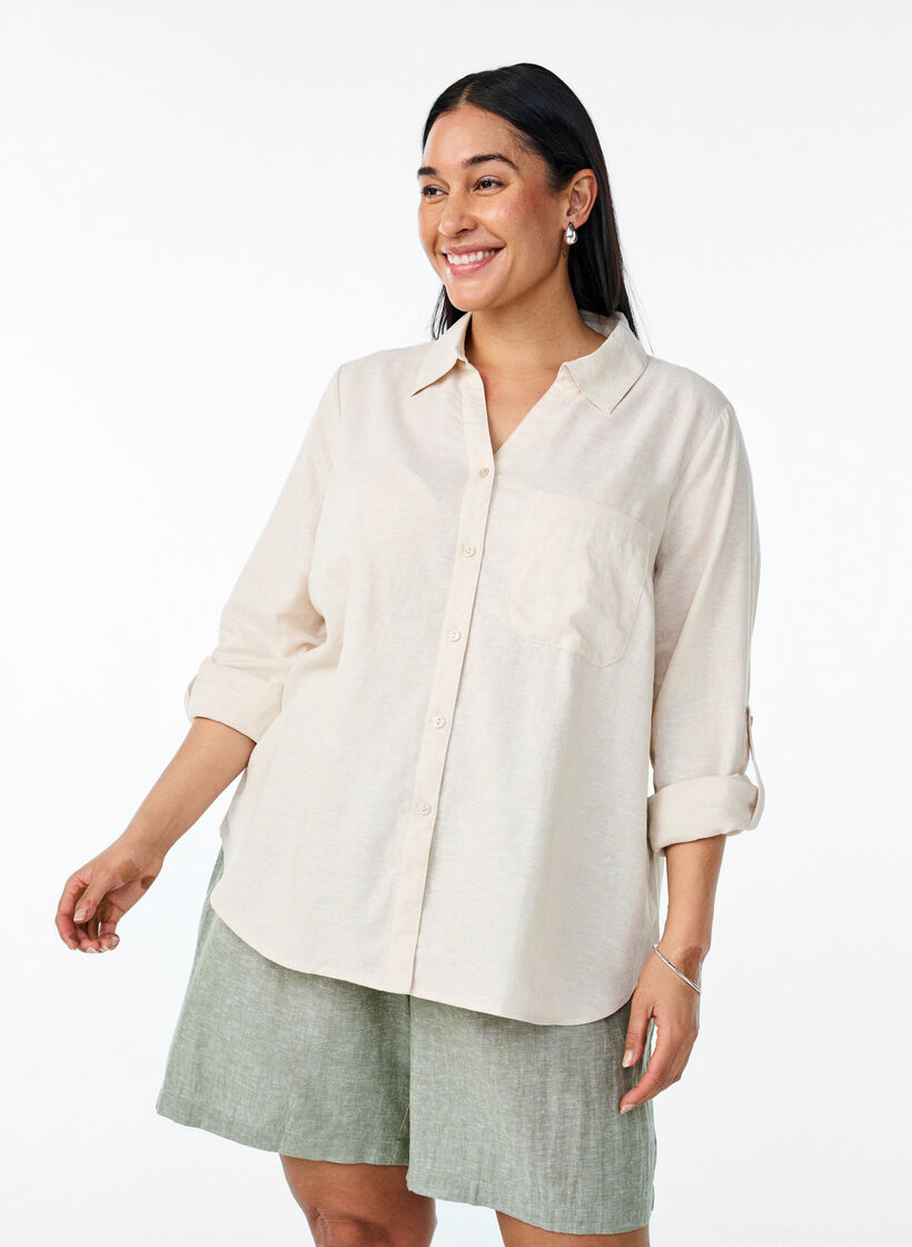 Skjorte i lin og viskose med 3/4 ermer, Beige, Model image number 0