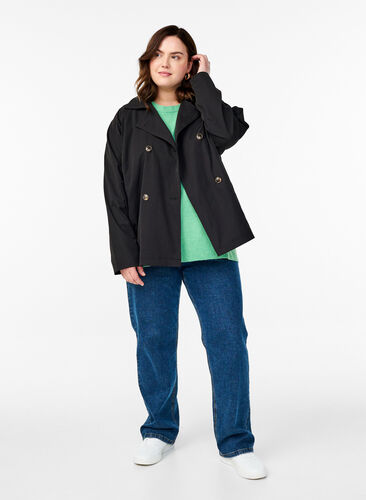 Zizzi Kort trenchcoat med lommer, Svart, Model image number 1