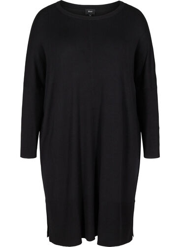 Oversized strikkekjole i en viskosemiks, Black, Packshot image number 0