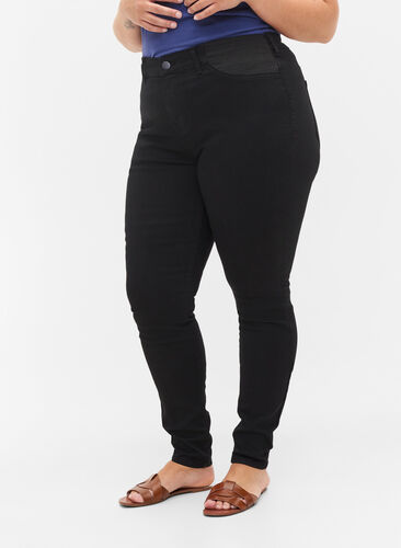 Super slim Amy jeans med strikk i livet, Black, Model image number 3