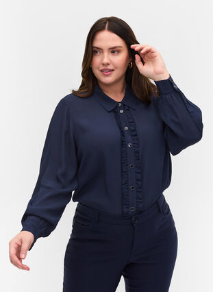 Viskoseskjorte med knappelukknig og volangdetaljer, Navy Blazer, Model image number 0