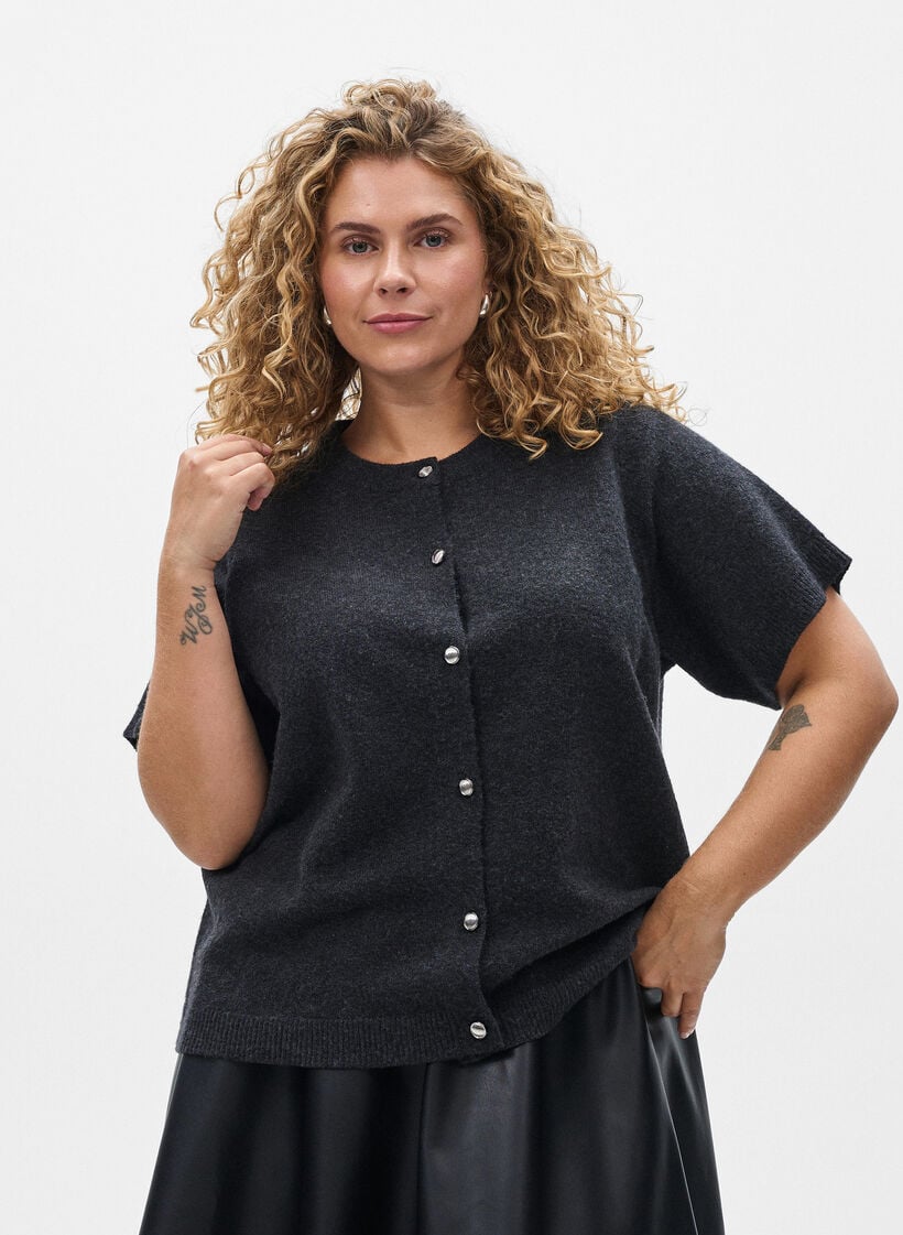 Strikket cardigan med korte ermer, Gr&aring;, Model image number 0