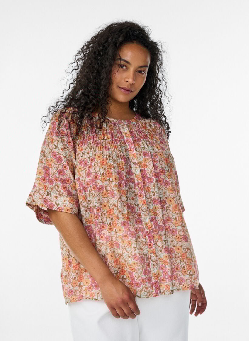 Bluse i viskose med blomstertrykk, Orange, Model image number 0