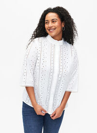 Bomullsskjorte med hullmønster, Bright White, Model
